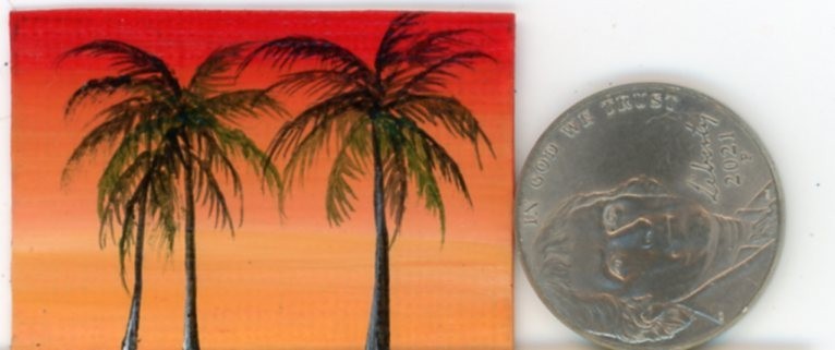 ORIGINAL 1×1.5 Acrylic Dollhouse Mini Painting Sunset Florida Palm Trees HYMES