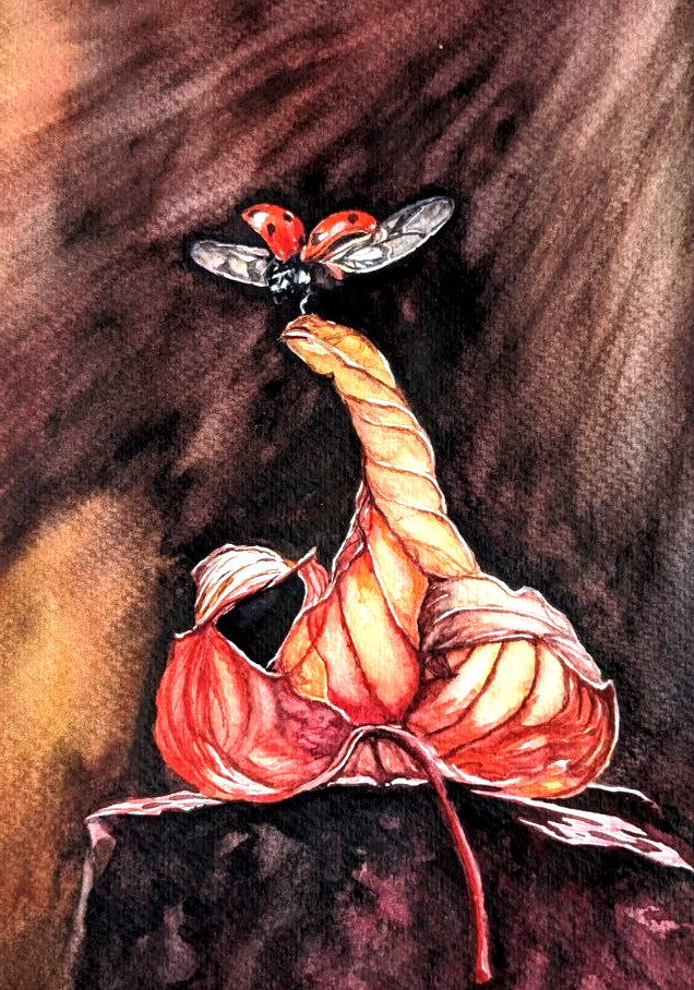 Autumn Orange Leaf & Ladybug Watercolor Painting Seasonal Fall Flying Insect Art