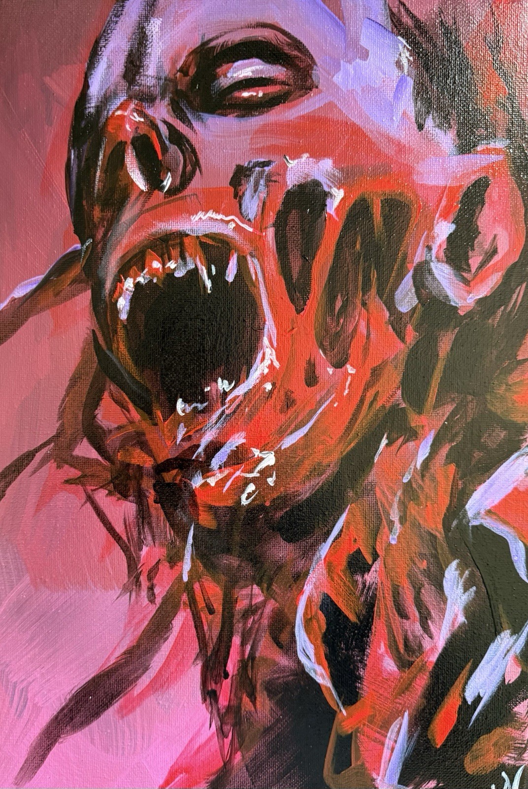 Abstract Monster Portrait Painting 11×14 Acrylic Canvas Pink Red Horror