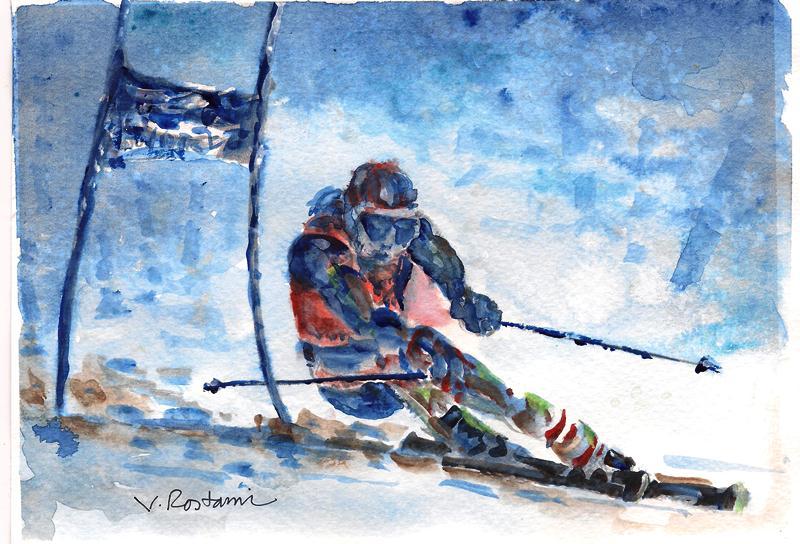 A572-Signed Print of ORIGINAL WATERCOLOR PAINTING «Alpine Skiing»,Gift idea aceo