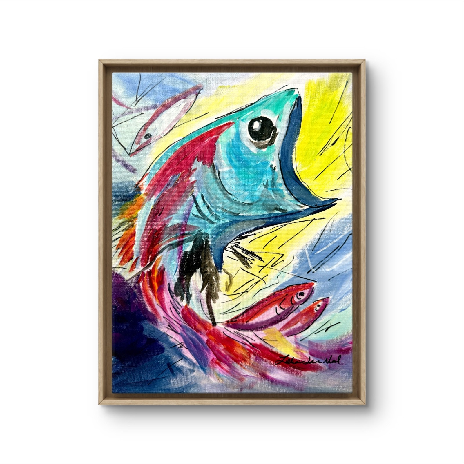 Big Mouth Colorful Fish 11″x14″ Canvas Original Art Abstract Design Art