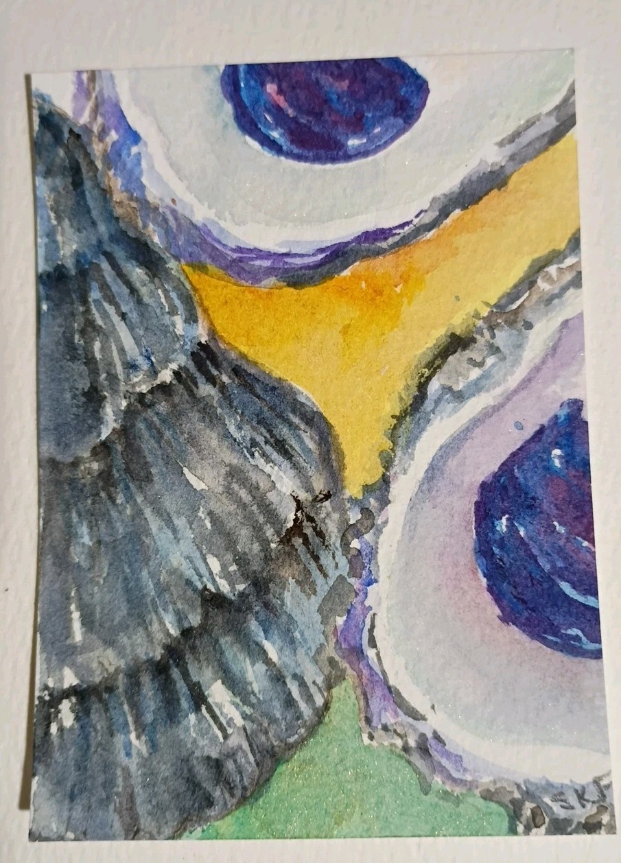 Original ACEO Oyster & Seashell Watercolor Painting – Mini Ocean Art