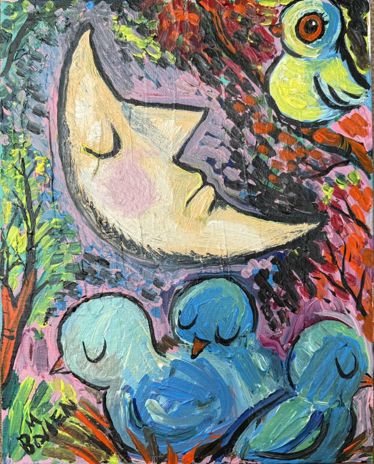 Man In The Moon Baby Birds Nest Trees By MBollen Original Painting