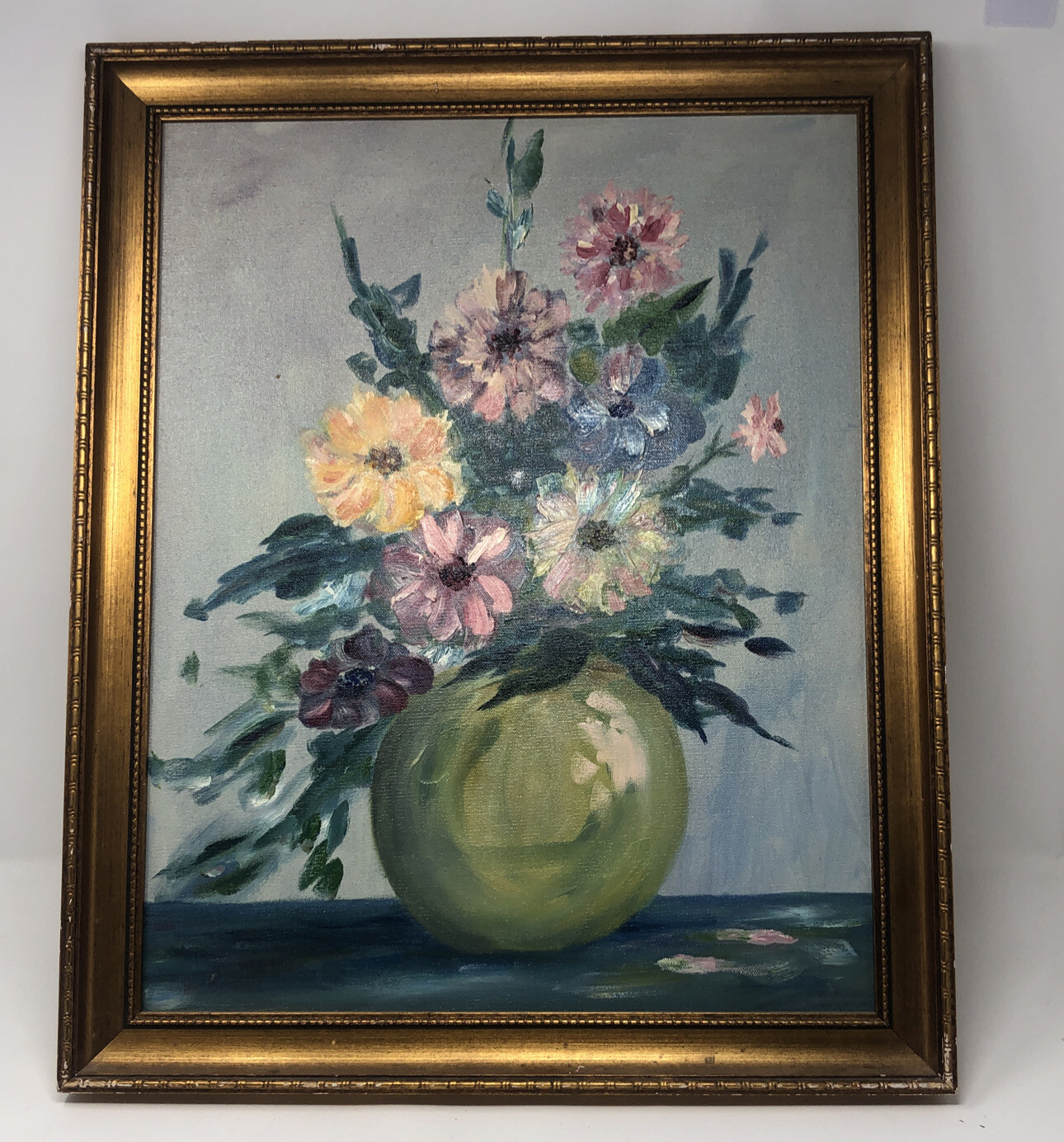 JO Brown Base With Flowers Oil Painting. Sign And Framed 22 1/2 X 18 1/2 In