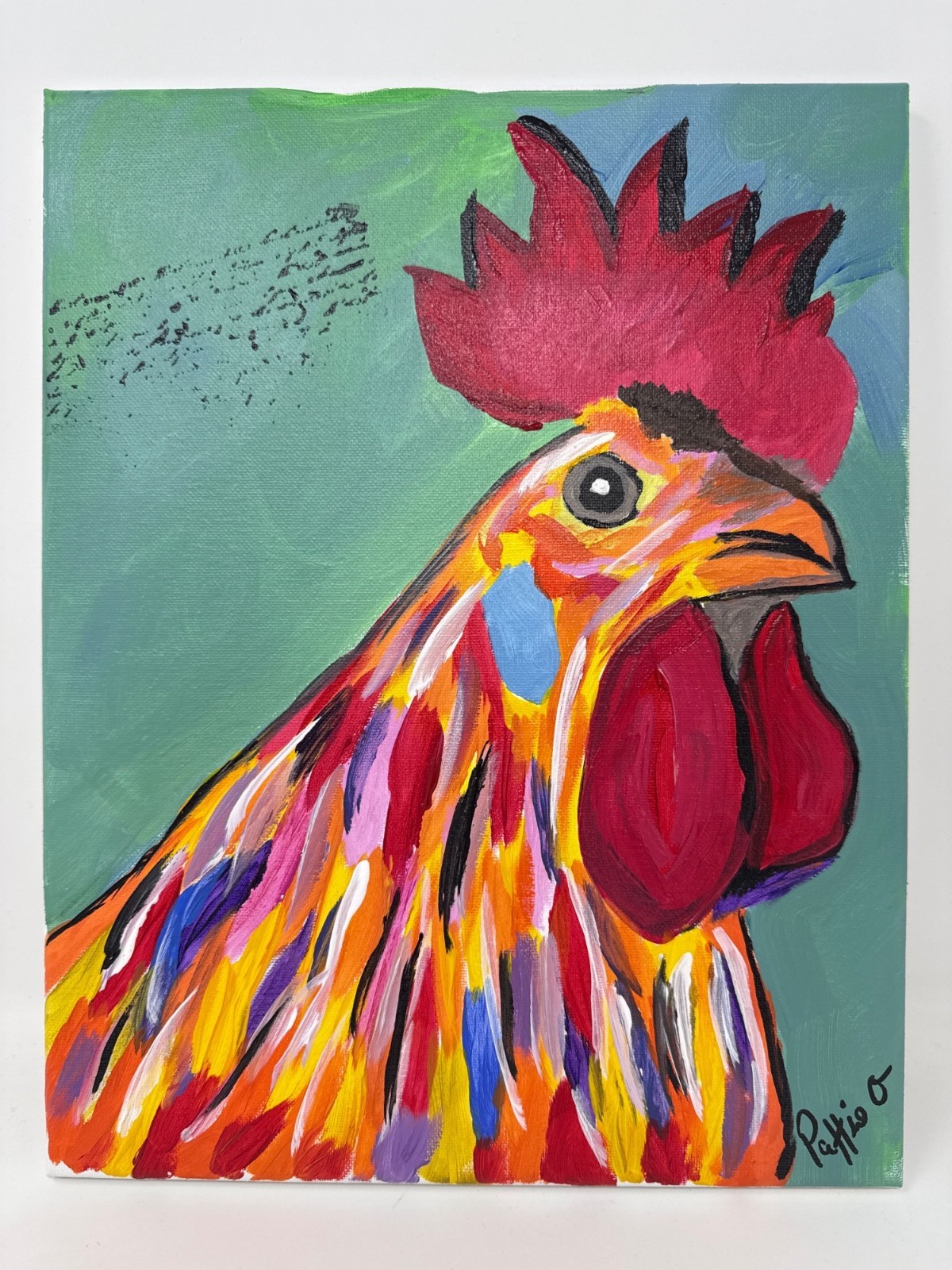 Barnyard King Rooster Chicken Original Art 14×11 Painting Canvas Signed Decor
