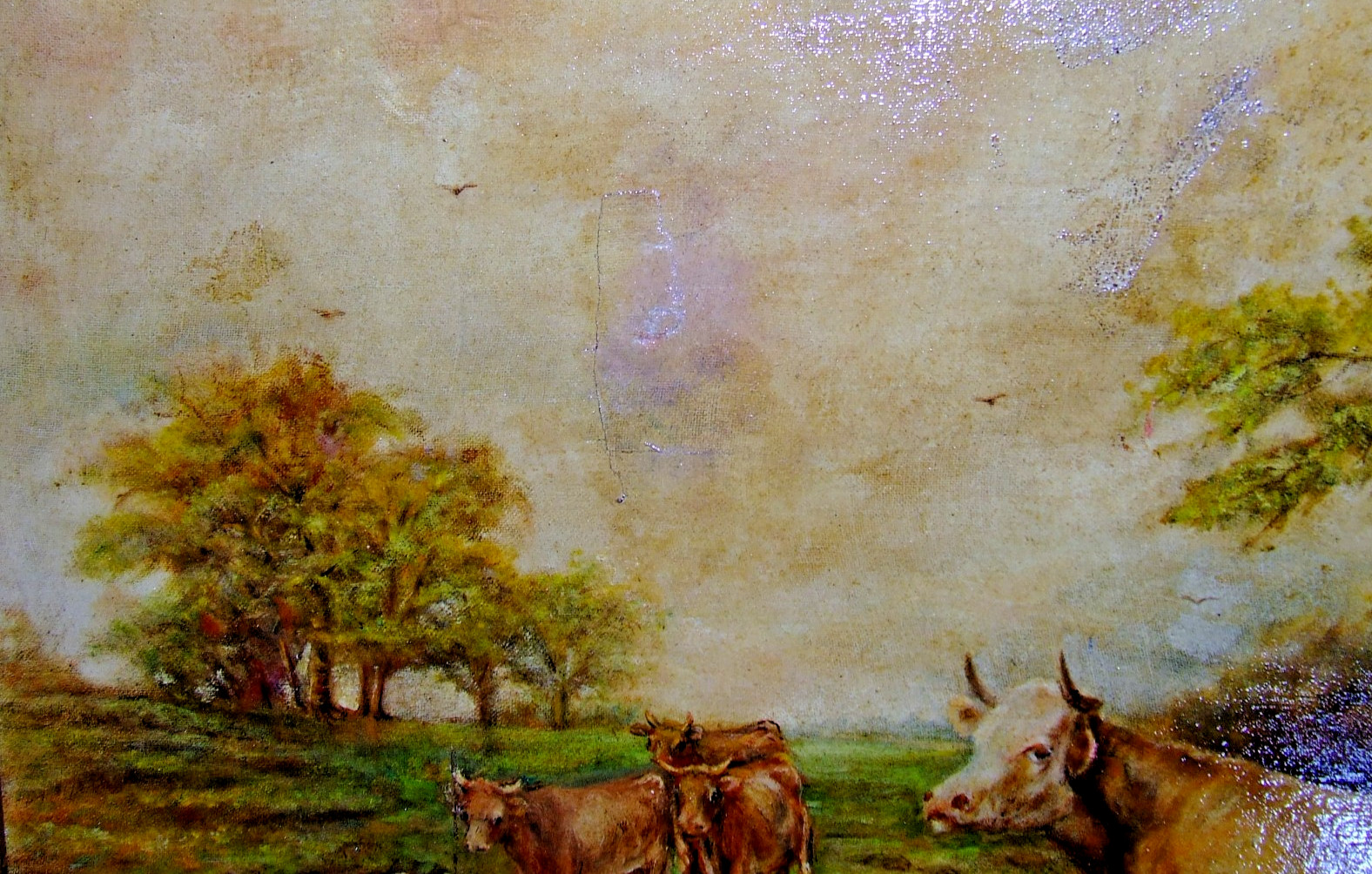 Antique 19th C. Landscape Gathering Watering Cows Oil on Board Gilt Ornate Frame
