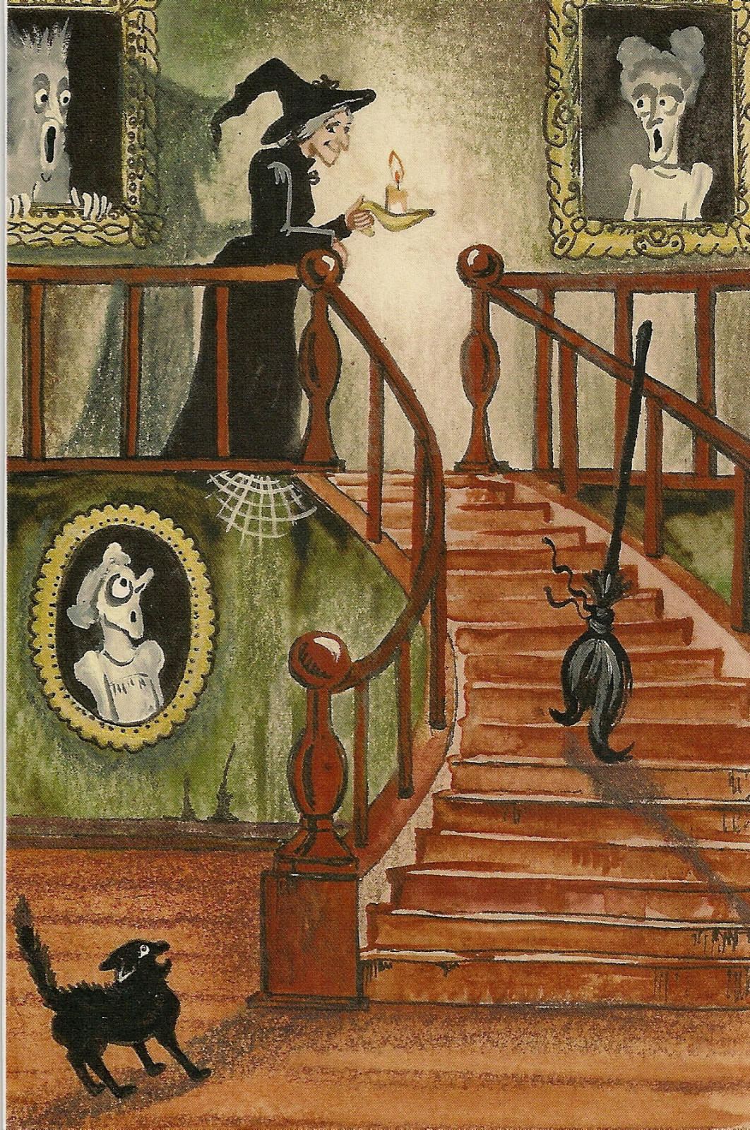 4X6 PRINT OF PAINTING HALLOWEEN VINTAGE STYLE FOLK RYTA WITCH BLACK CAT Art 🎃