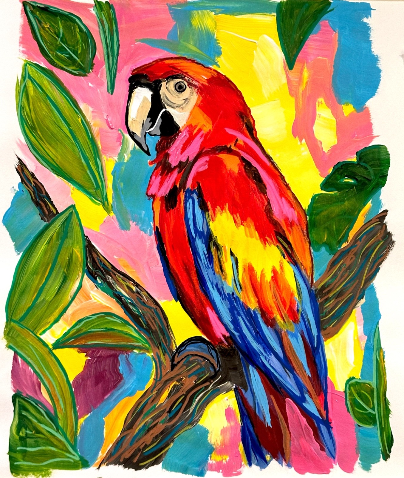 Original Parrot Bird 11×14 Paper Botanical Expressionist Painting Signed Art