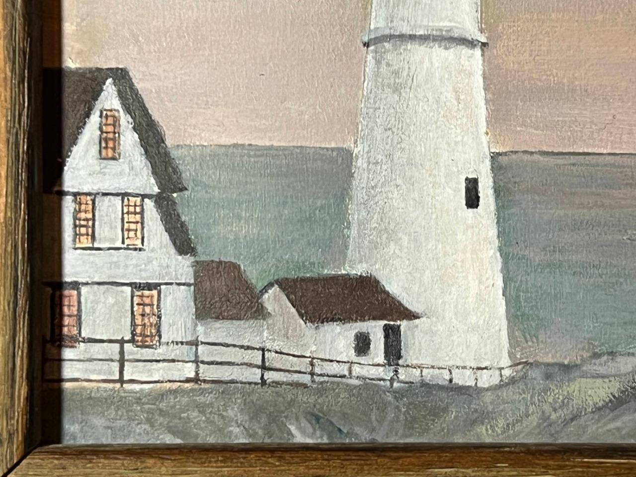 Vintage American Art Nautical Lighthouse Coastal Landscape Seascape Oil Painting