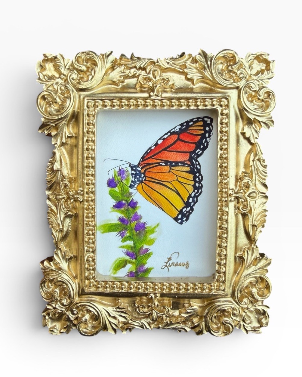 Monarch Butterfly and Lavender mini print in gold vintage style ornate frame