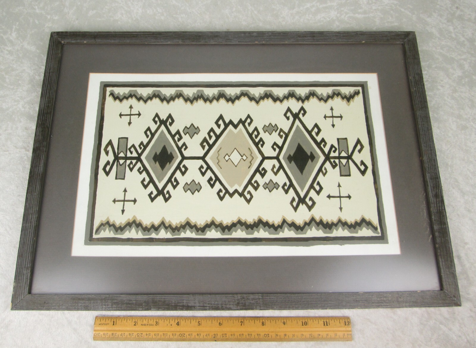 Painting of Navajo 2 Grey Hills Rug Design on Board Framed 15×21 inch