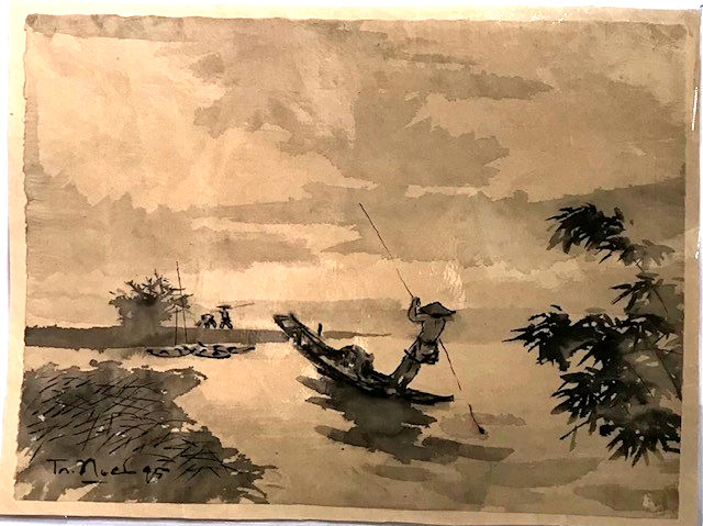 Tran Hoa Born 1937 Vietnam countryside Orig watercolor painting 12×16 in