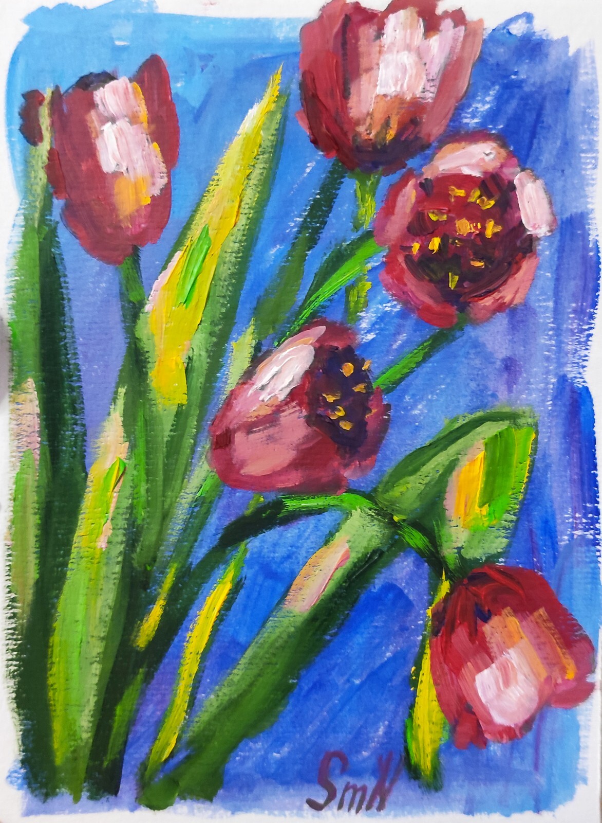 Original Art Red TULIP Bouquet Modern Mini Painting Spring Flowers Artwork 5×7