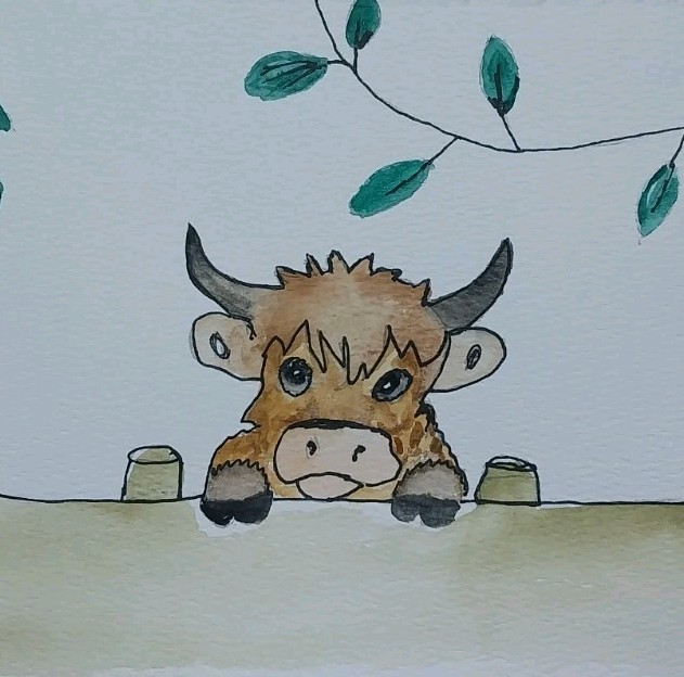 GAT Original Watercolor Painting 6X9 Whimsical Highland Cow Bull Scene Art Gift