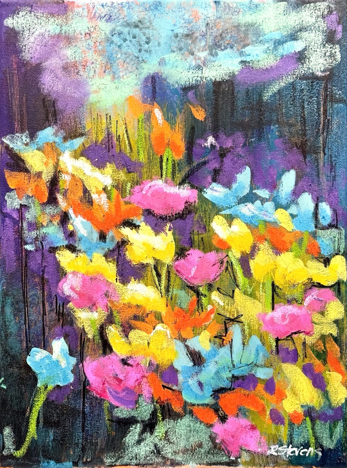 R Stevens 9×12 Original Floral Abstract Flowers Painting