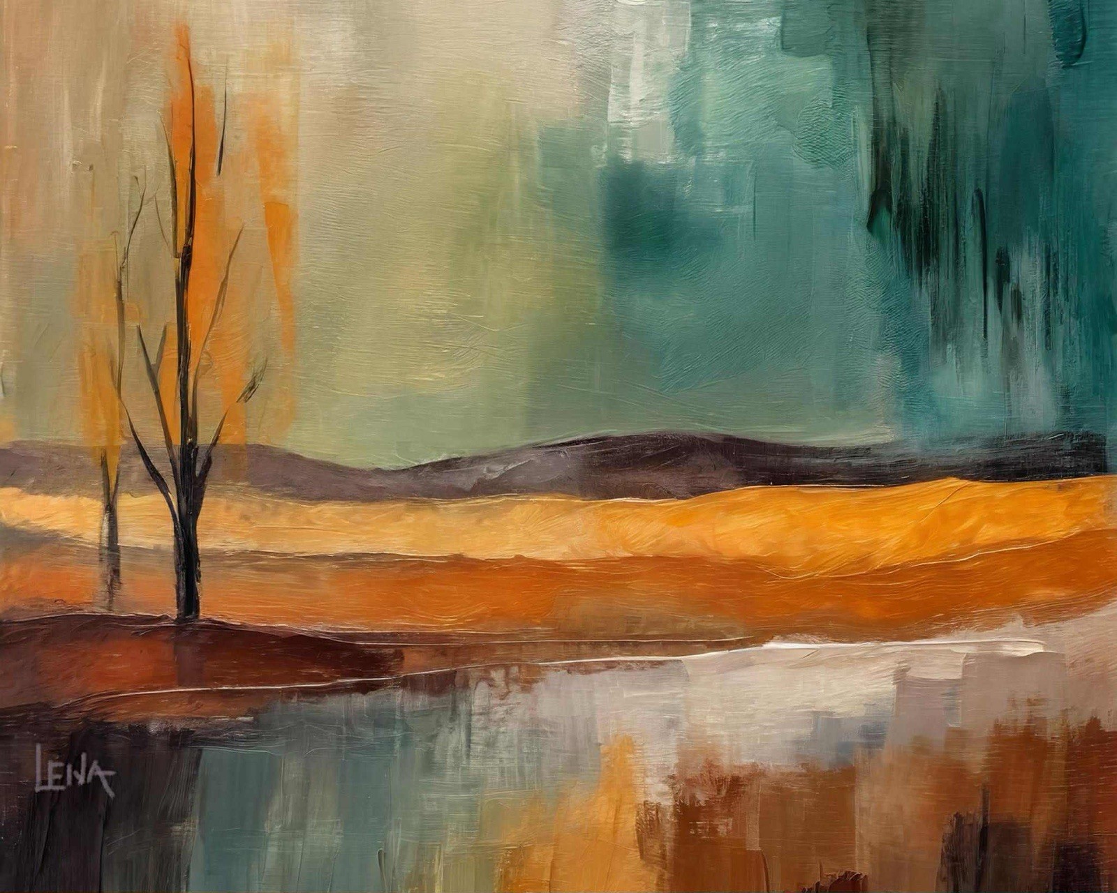 Original Oil Painting 30×24” American Abstract Landscape Teal Orange Art Signed