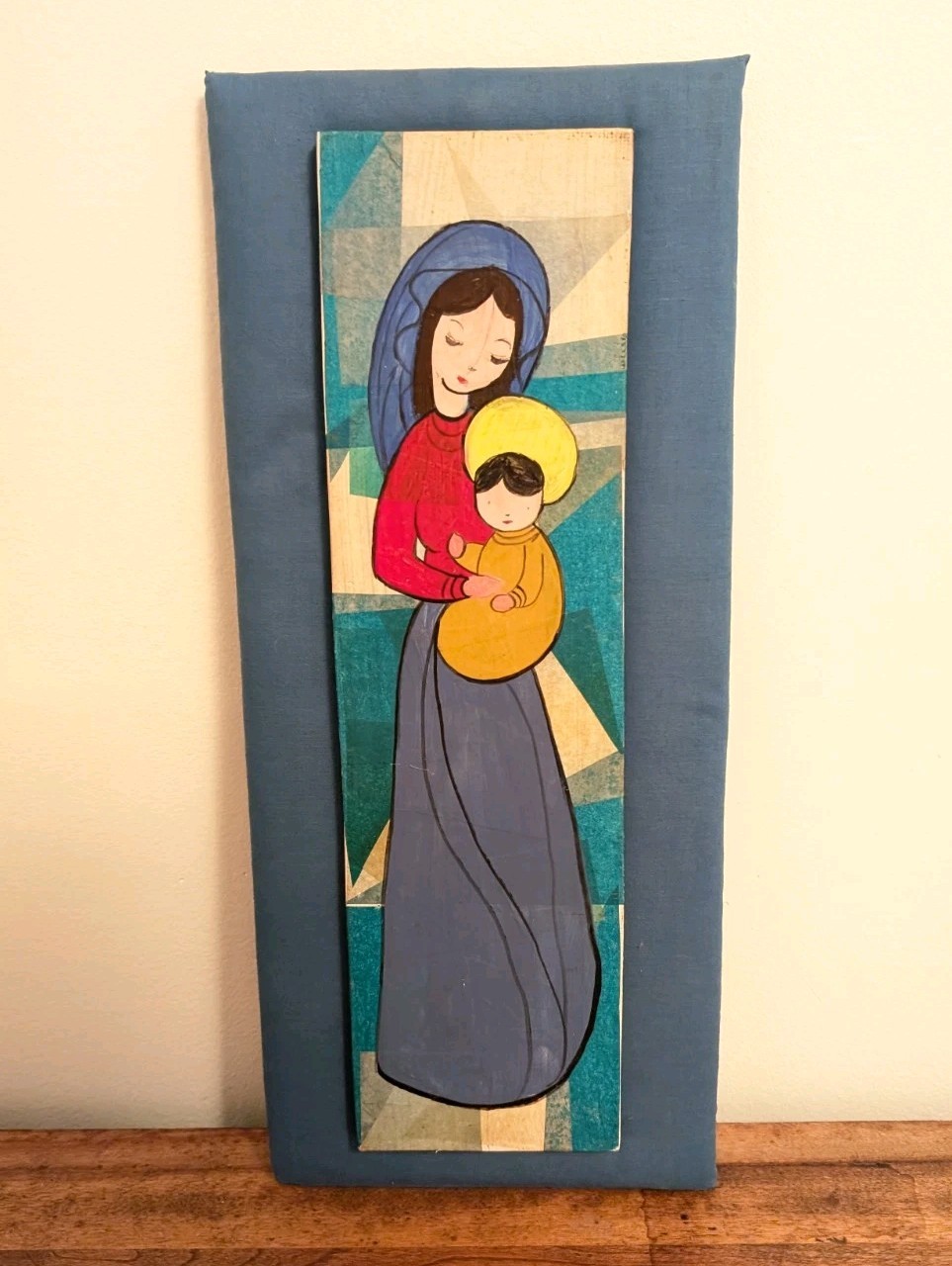 MID-MOD! 8″ x 18″ Madonna & Child Decoupage VINTAGE Painting on Board MCM Blue