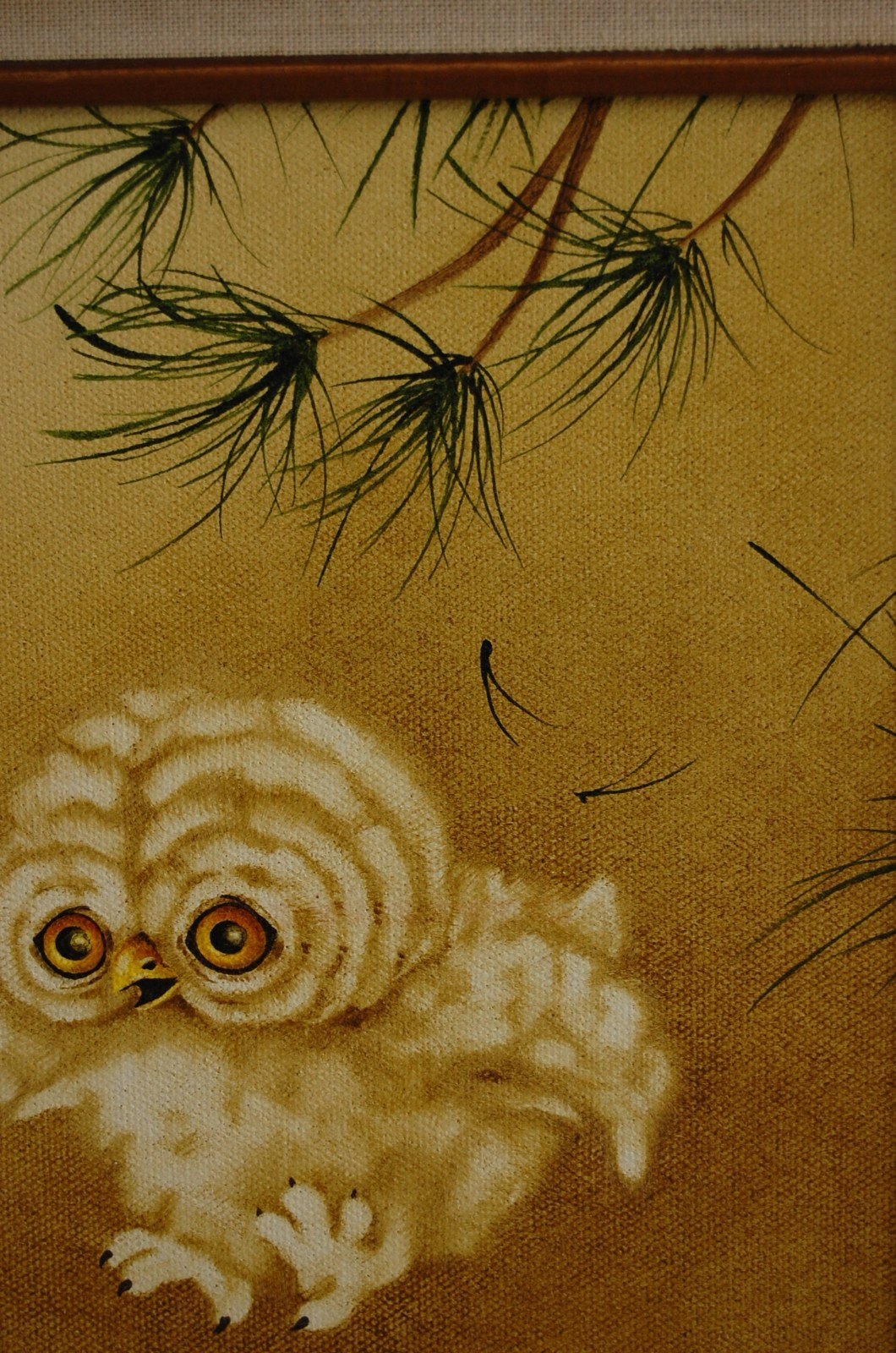 VTG 1984 FRAMED SIGNED PEGGY HARRIS ORIGINAL SMALL OWL OIL PAINTING «GERONIMO!»