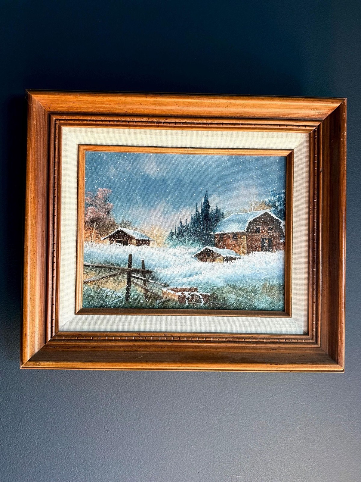 Vintage Original Signed Framed Winter Farm Landscape Oil Painting on Canvas