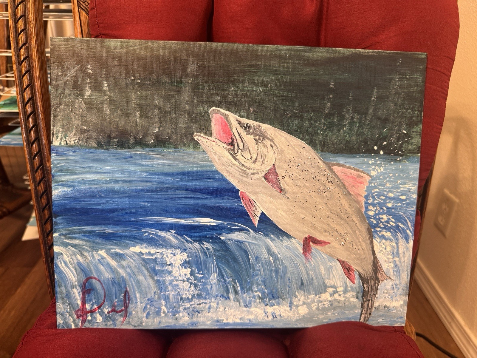 Original Acrylic Painting of Salmon Jumping Up The Falls “Going Home”