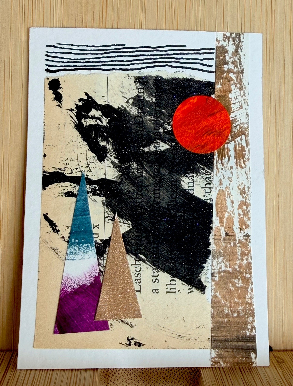 Original ACEO Mixed Media Collage Abstract Landscape Red Sun Handmade Card no. 3