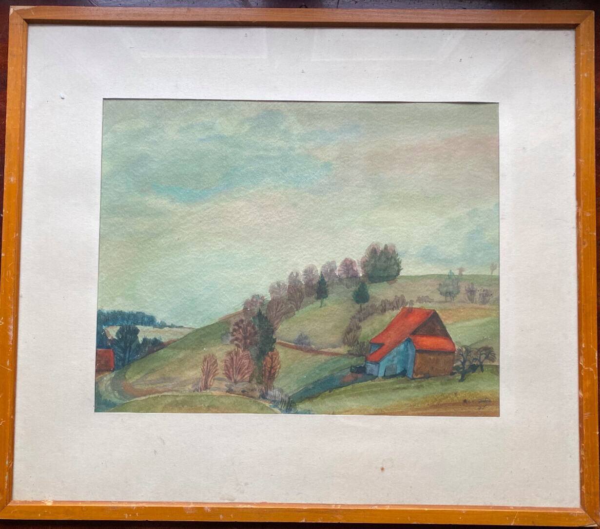 Watercolor Sign. E.Lotze 1947 Autumnal Field Landscape with Hill & Farmhouse