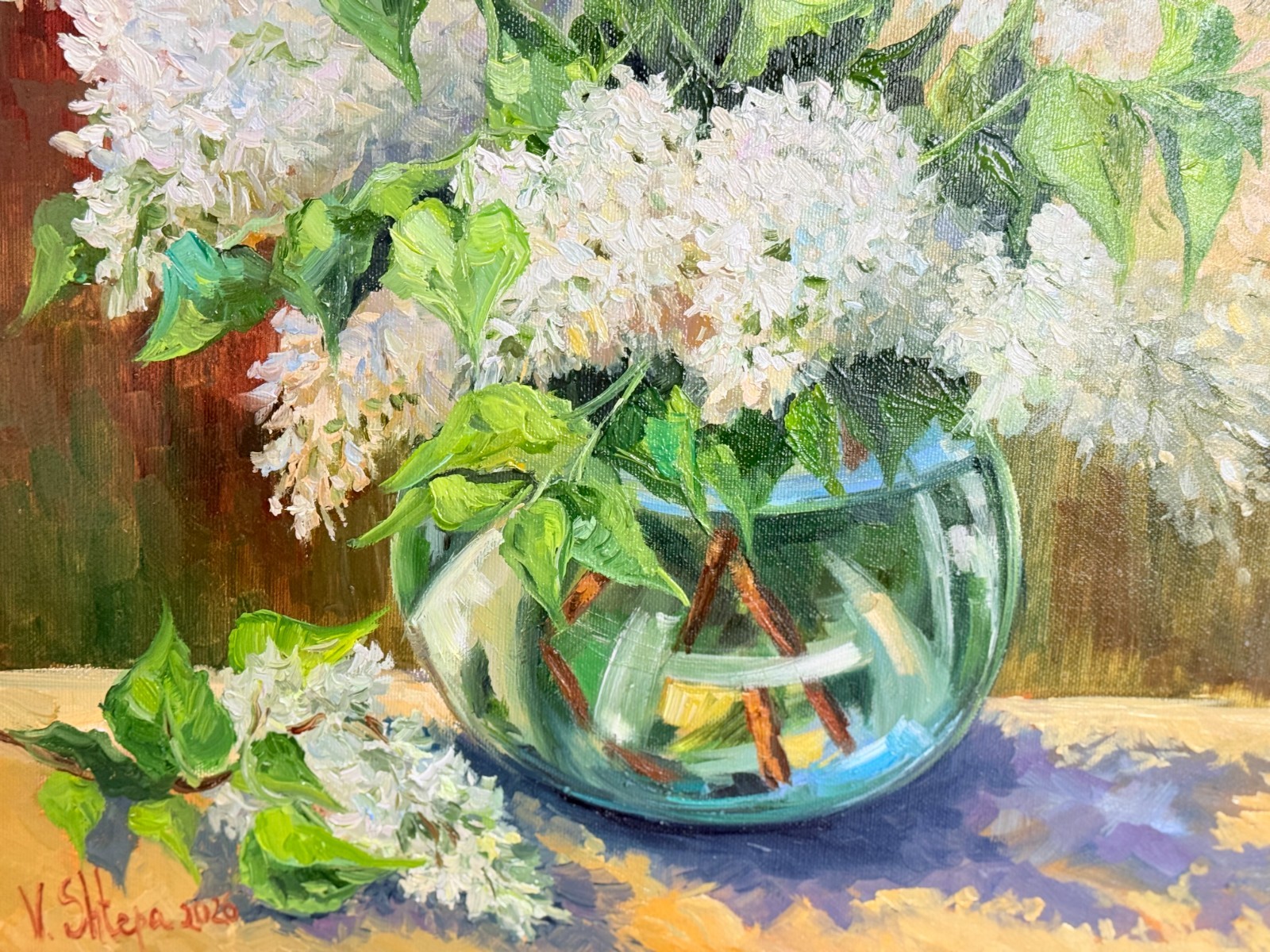 Original Oil Painting White Lilac Flowers Spring Still Life Art Signed 16×16 in