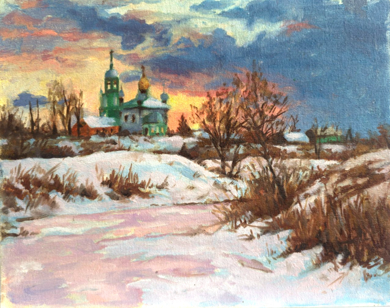 Original Oil Painting «Winter’s Eve» – Snowy Village Church Landscape, 24x30cm
