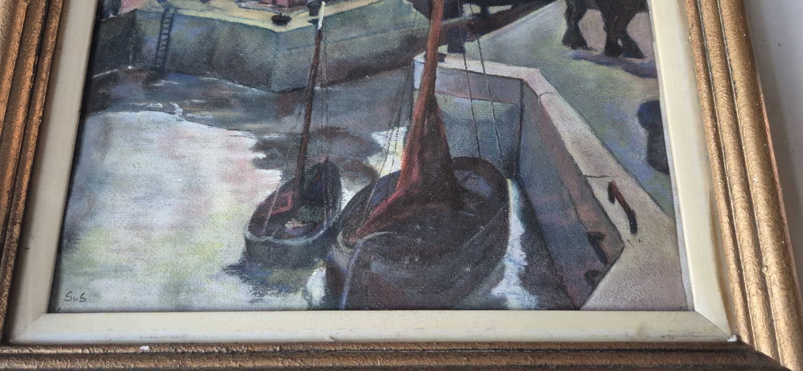Dutch school, unknown modern painting, Village harbour & horses, 1950(?)
