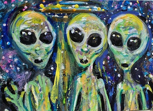 Original ACEO Painting ALIEN Spaceship Stars ET Martian Universe UFO ATC ART