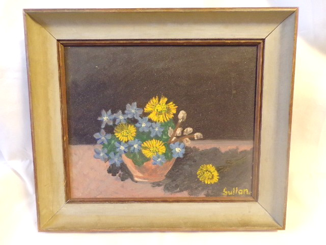 Vintage Antique Floral Still Life Oil On Board Original Frame Signed SULLAN
