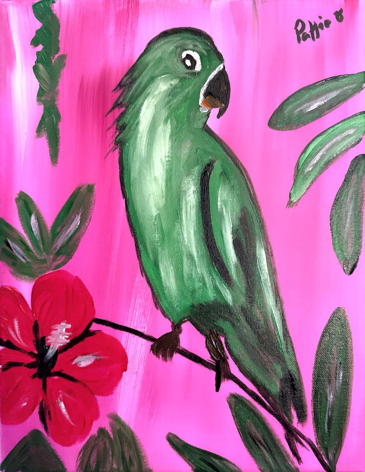 Parrot Bird Painting 14×11 Tropical Folk Art Canvas Signed Home Wall Decor