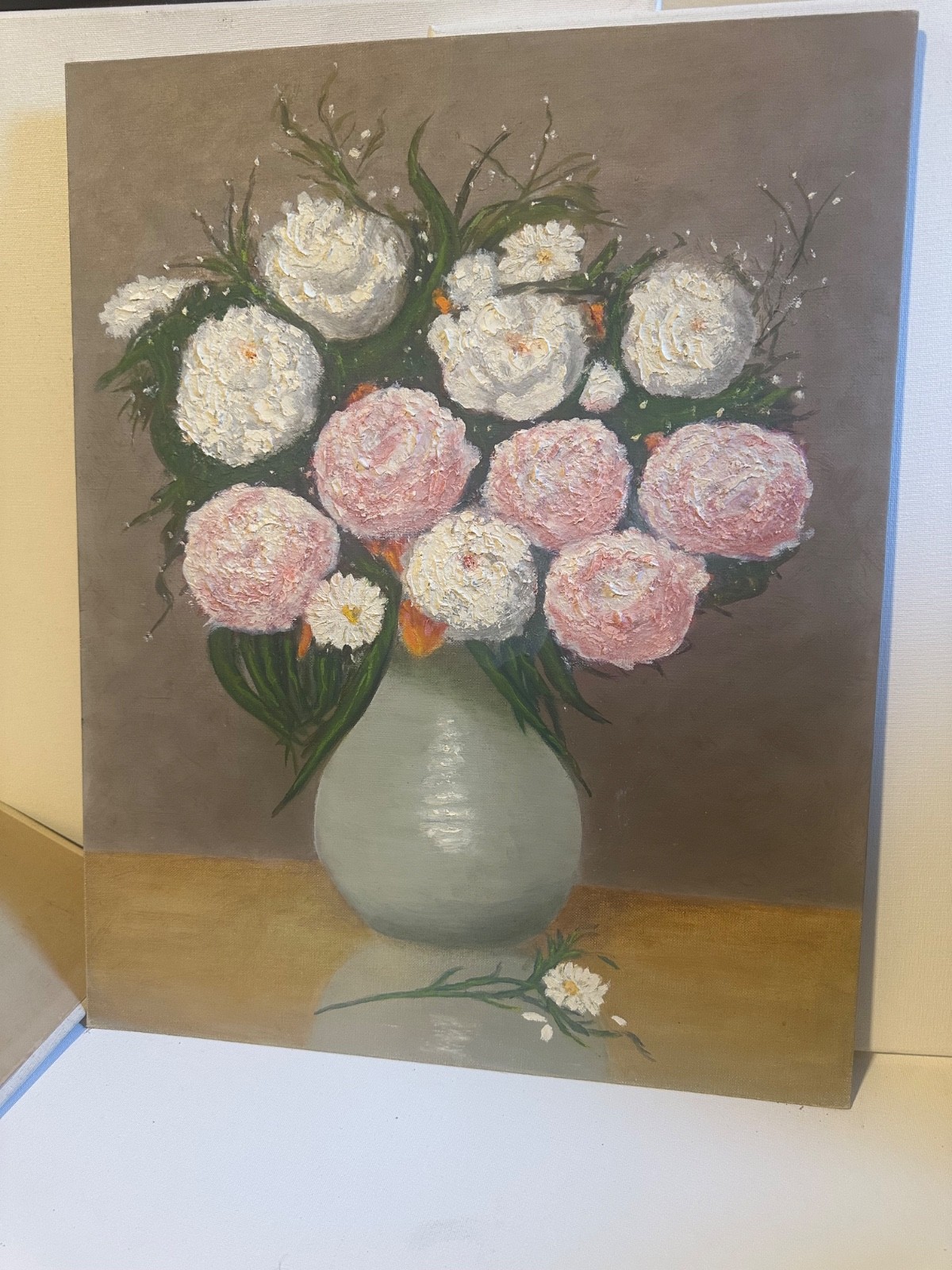 Vintage Still Life Floral Original Painting On Canvas Framed Signed 12×9