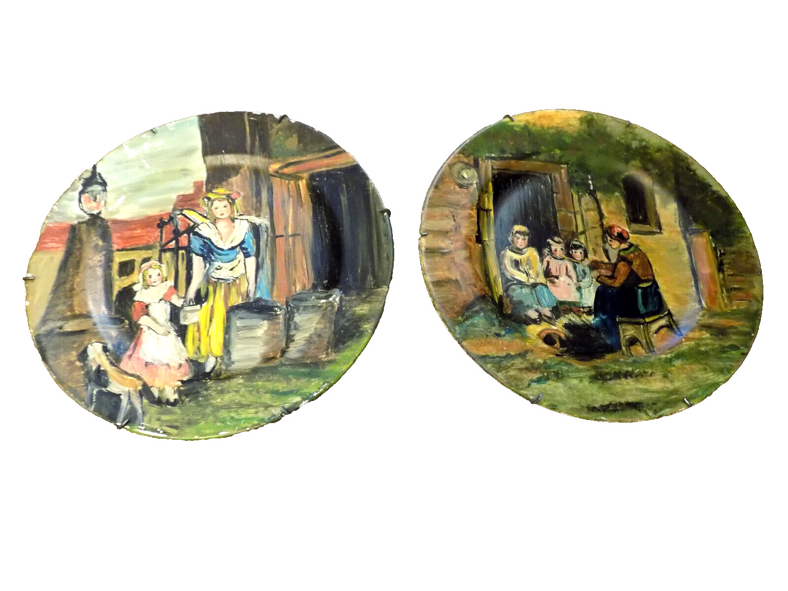 Vtg OOAK Set Pair Figure Woman Children Dog Wall Art Ceramic Plate Hand Painted