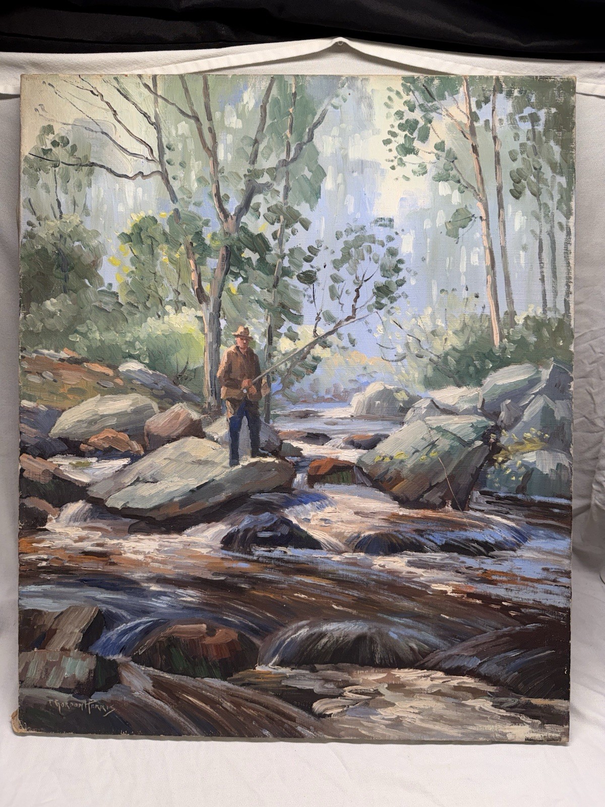 Charles Gordon Harris Painting Man Fishing New England River 30” X 25” Vintage