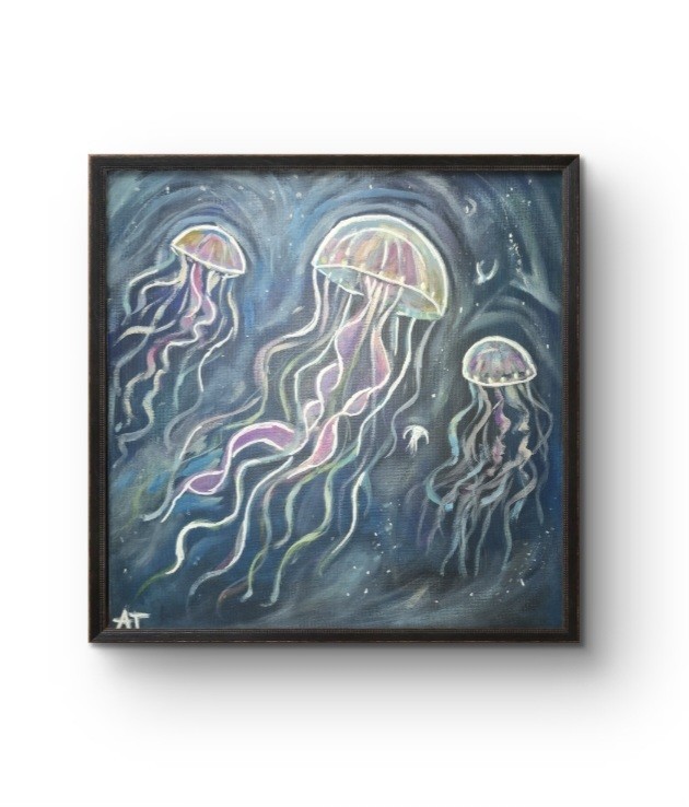 Electric Jellyfish Deep 14×14 Canvas Painting