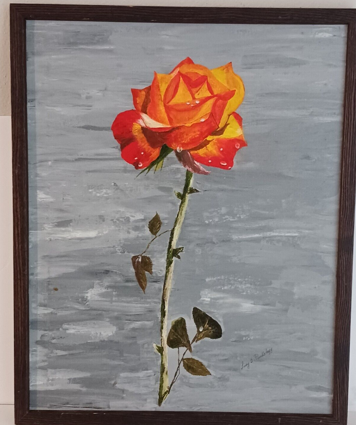 Vtg Painting Oil on Canvas Rose signed L. Flagstaff Simple Elegance