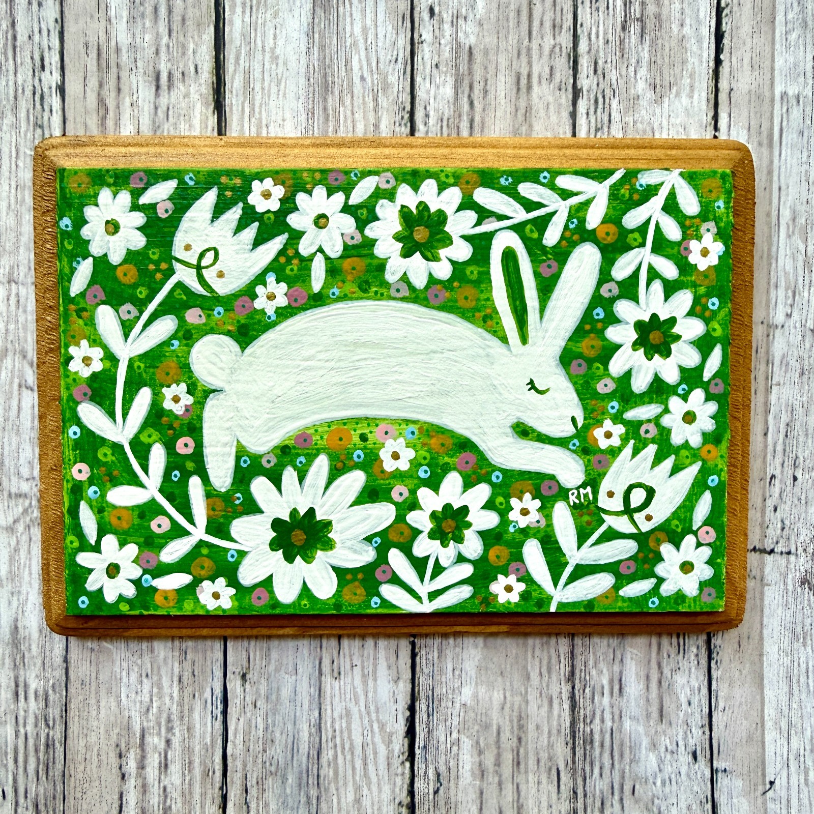 Green Nordic Woodland Bunny Original Hand Painted Wood Wall Art 5.5×7.5 inches