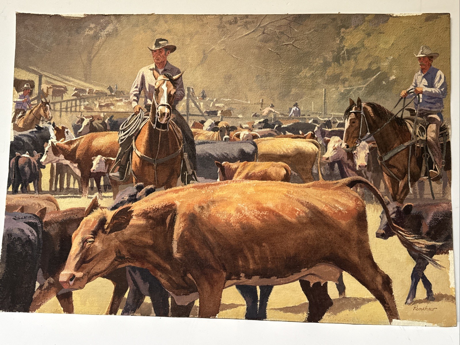 VINTAGE COWBOY PAINTING WESTERN RANCH COWBOYS FARM FARMING AMERICAN COWS
