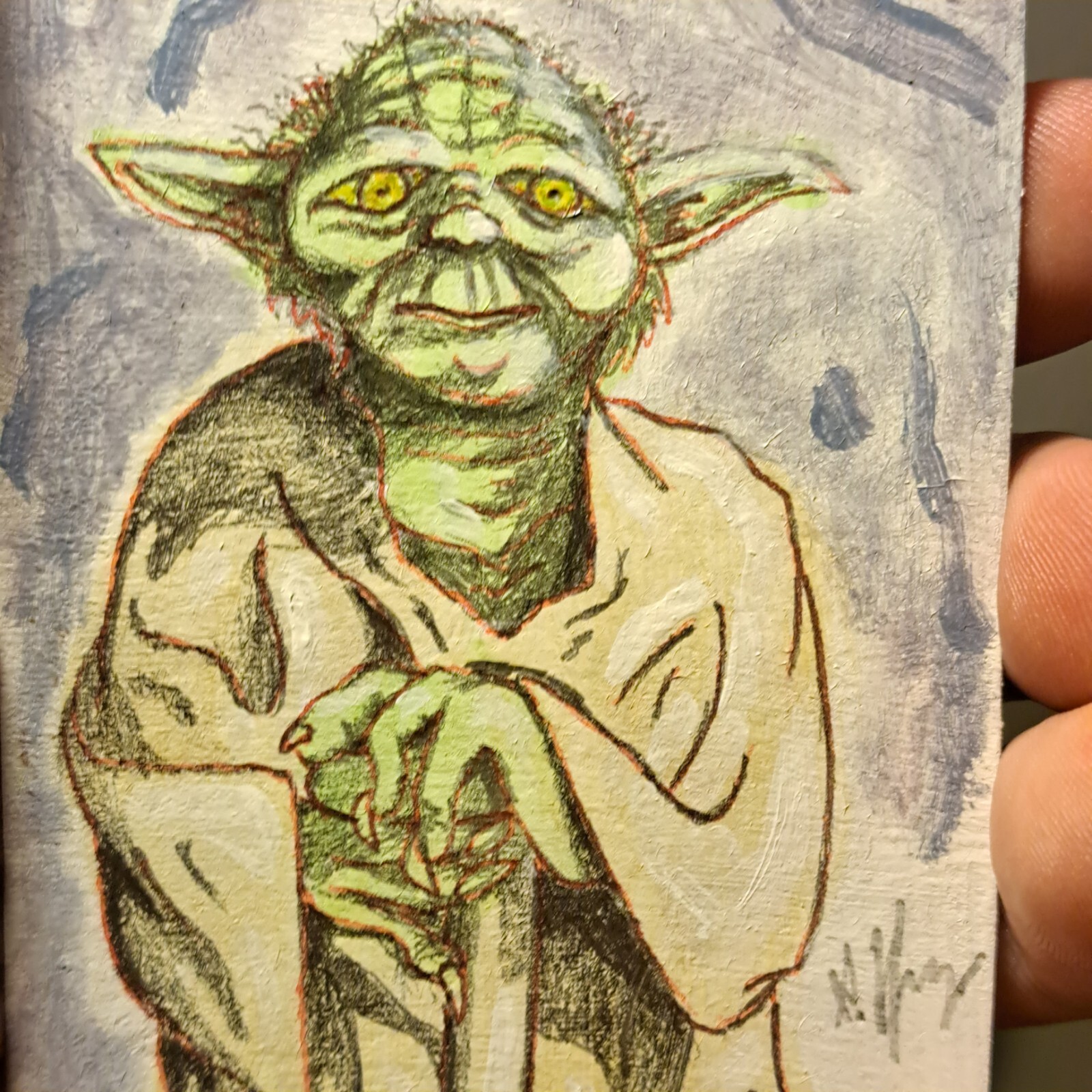 aceo original acrylic pencil ink «Star Wars Yoda» (OOAK) Limited ATC 1/1 signed
