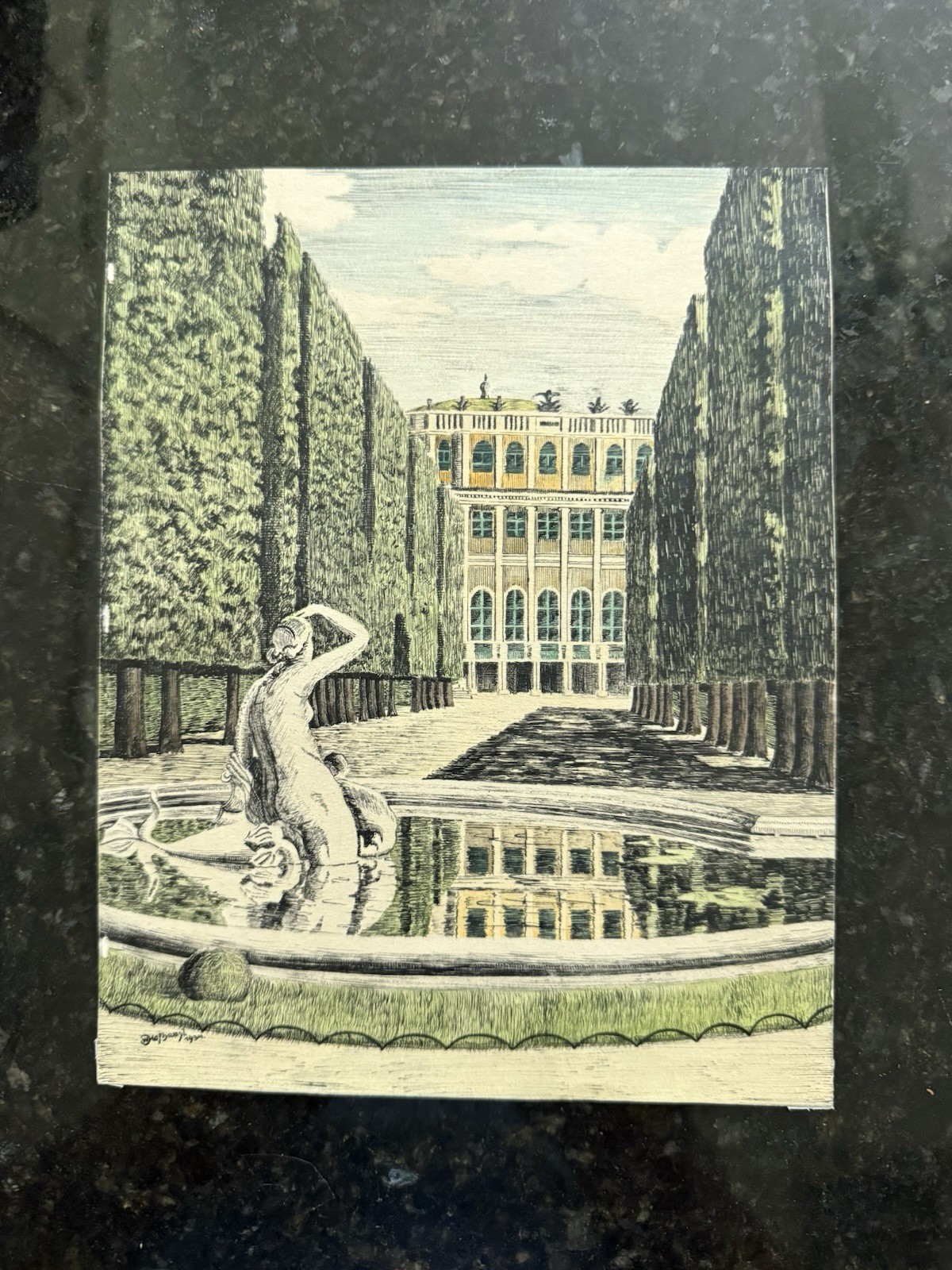 Signed 1934 Najadenbrunnen fountain Schönbrunn Palace Vienna Ink Watercolor