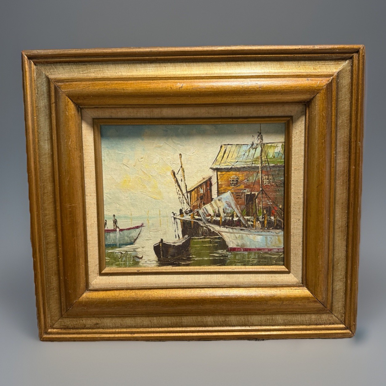 VTG Signed Framed Oil Painting Boat Harbor Scene Original Art Nautical Art Gold