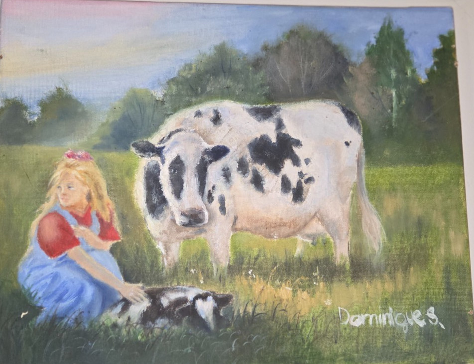 ORIGINAL Hand Painted girl w cows oil on baord
