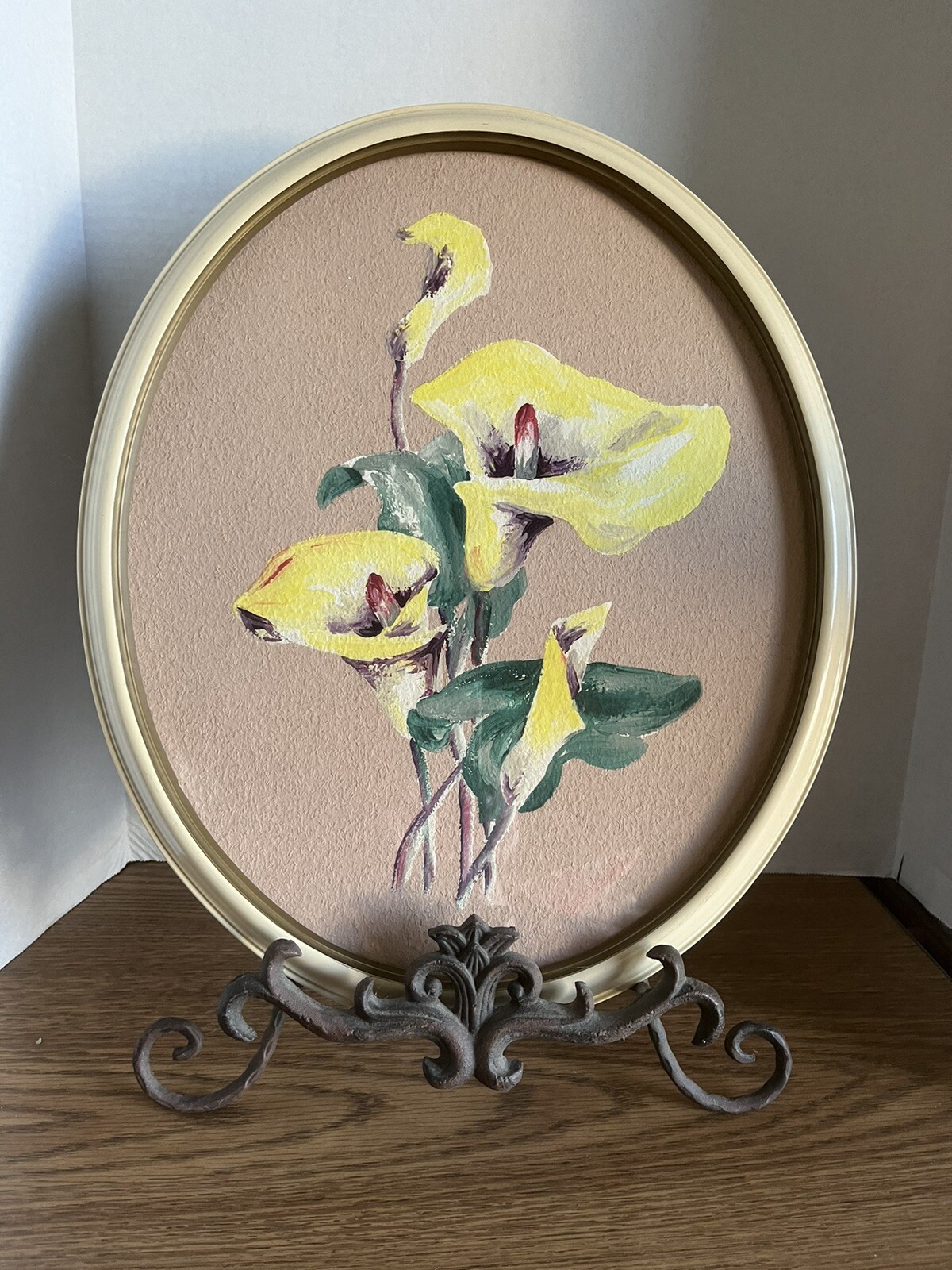 Framed Oil Painting CALLA LILY Bunch Oval Wood