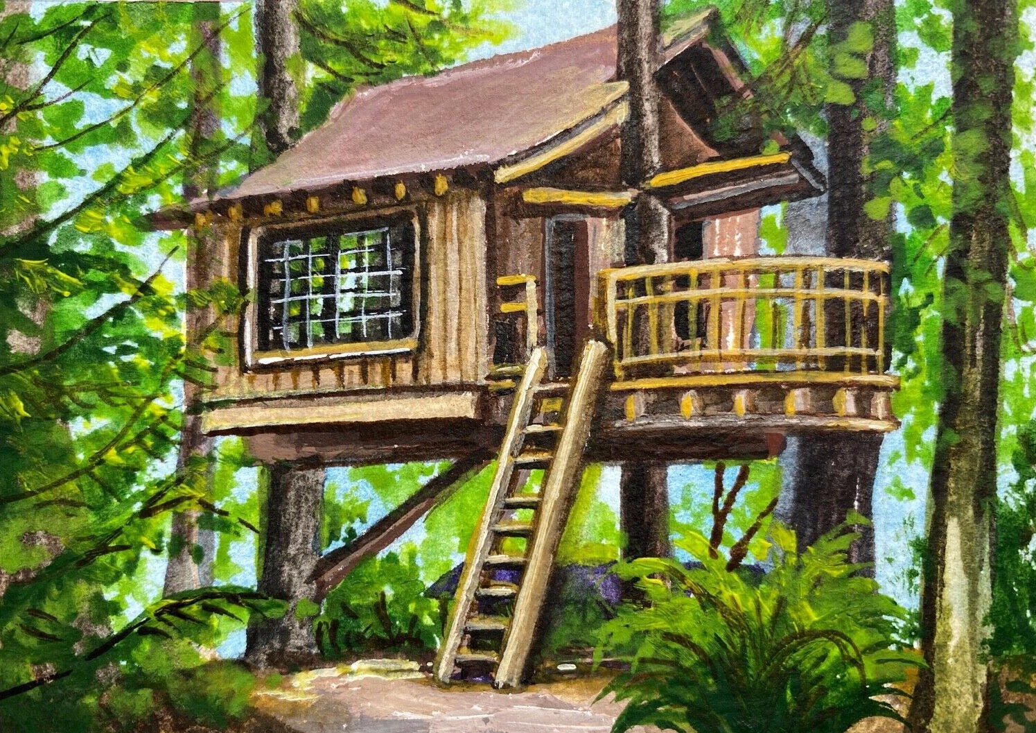 Watercolor Painting Forest Tree House Cabin Nature ACEO Art