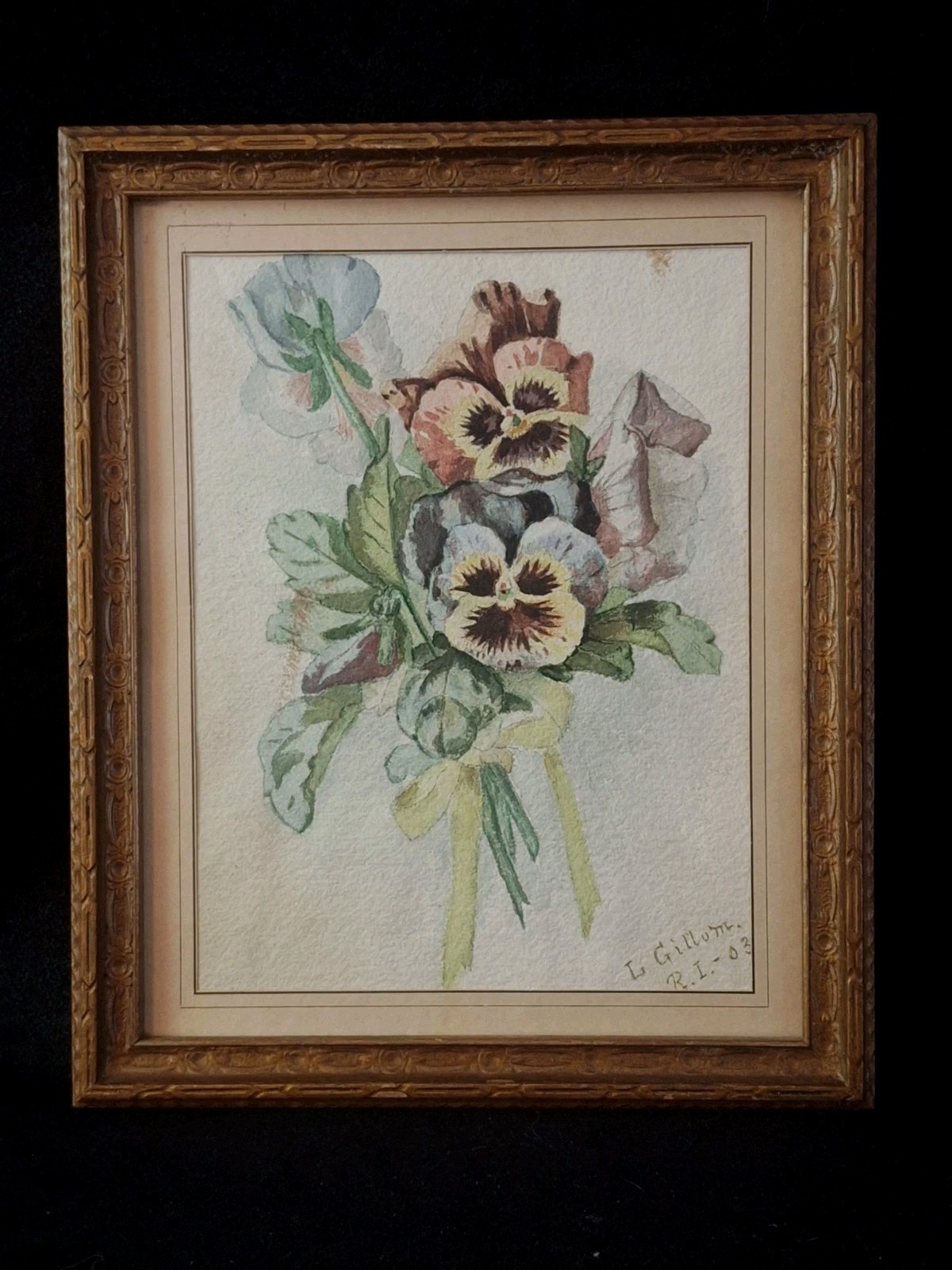 Vintage Signed Watercolor Painting of Pansies L. Gillum 1903