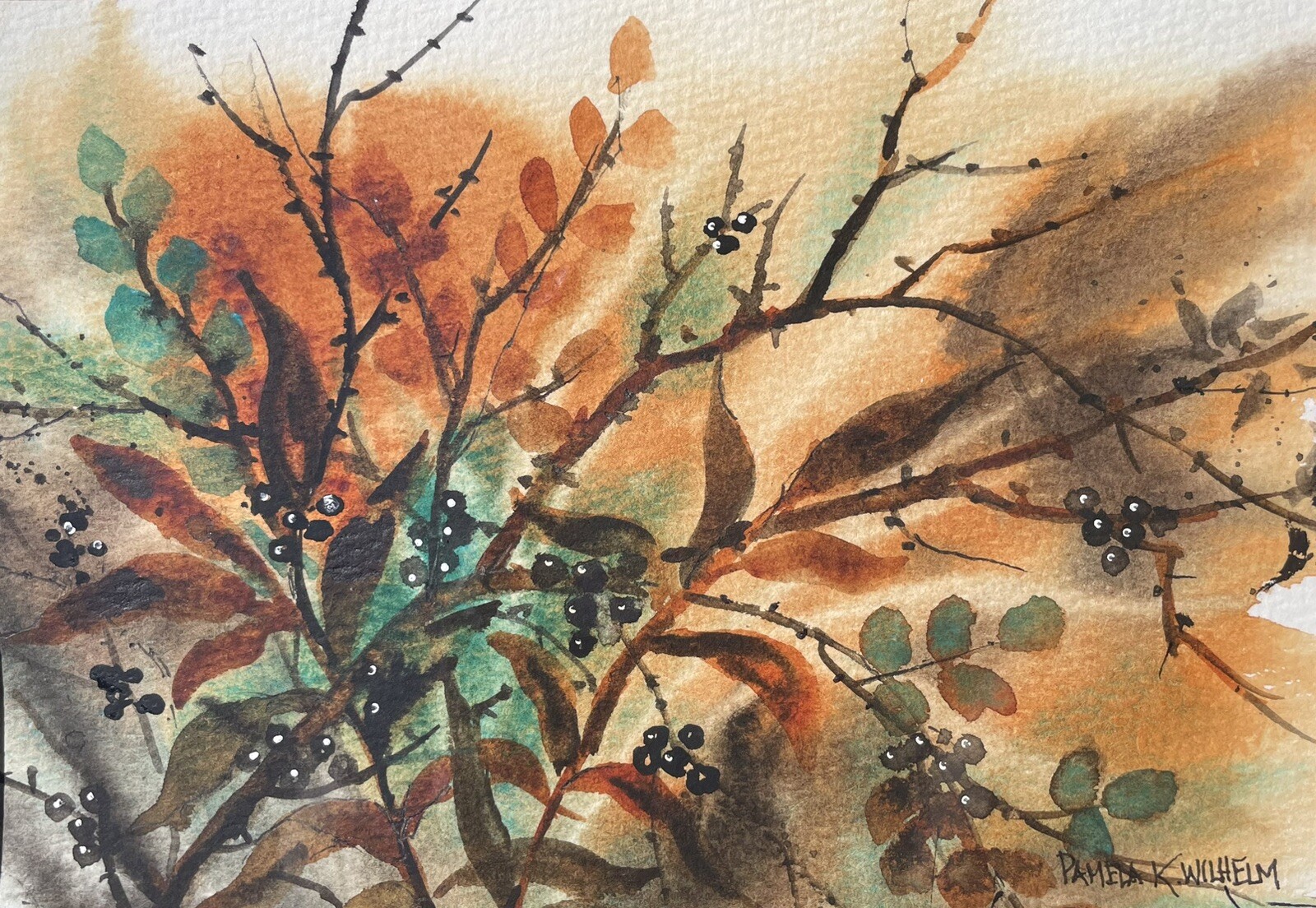 5”x7” Matted To 8×10 Original Watercolor Pamela Wilhelm Teal Rust Floral Nature