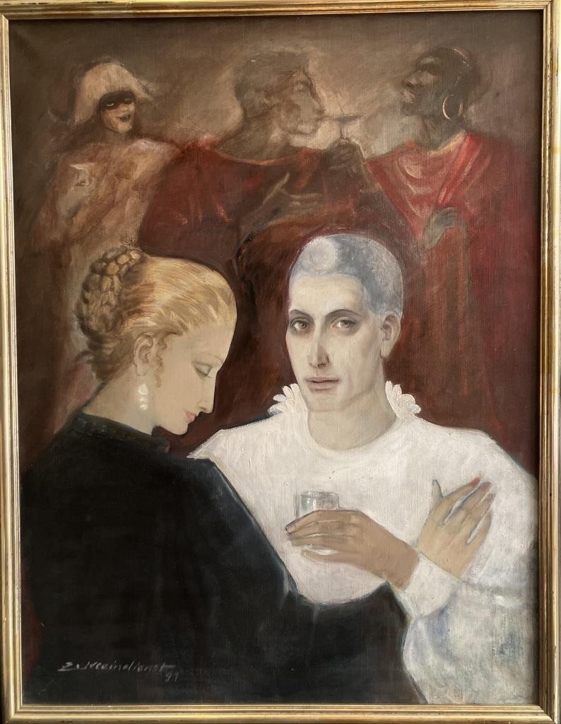 Original Oil Painting THE MASQUERADE Zdenek Kleindienst 1925-2012 VERY STYLISH