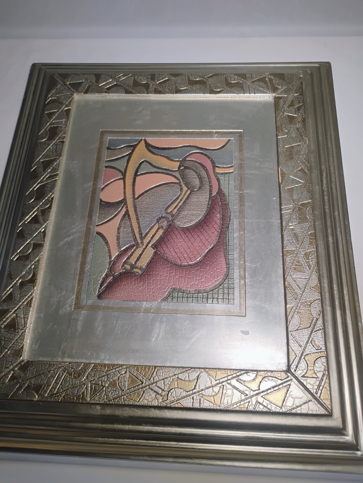 Beautiful Vintage Painting on Board Of Woman Blowing A Horn Silver Black Brown