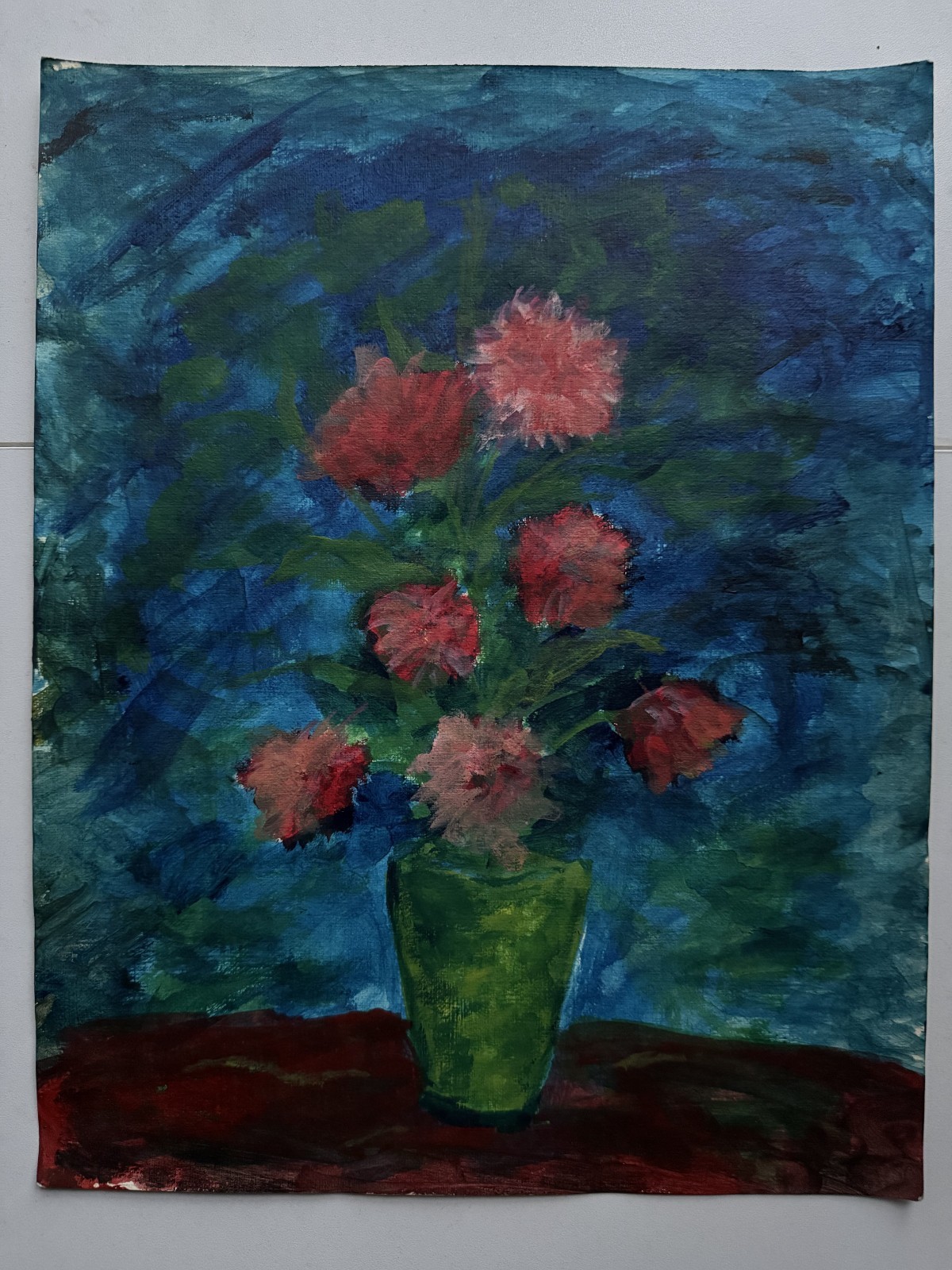 Vintage Acrylic on Paper Painting 1970s Still Live Flowers Outsider Art 14 x 11